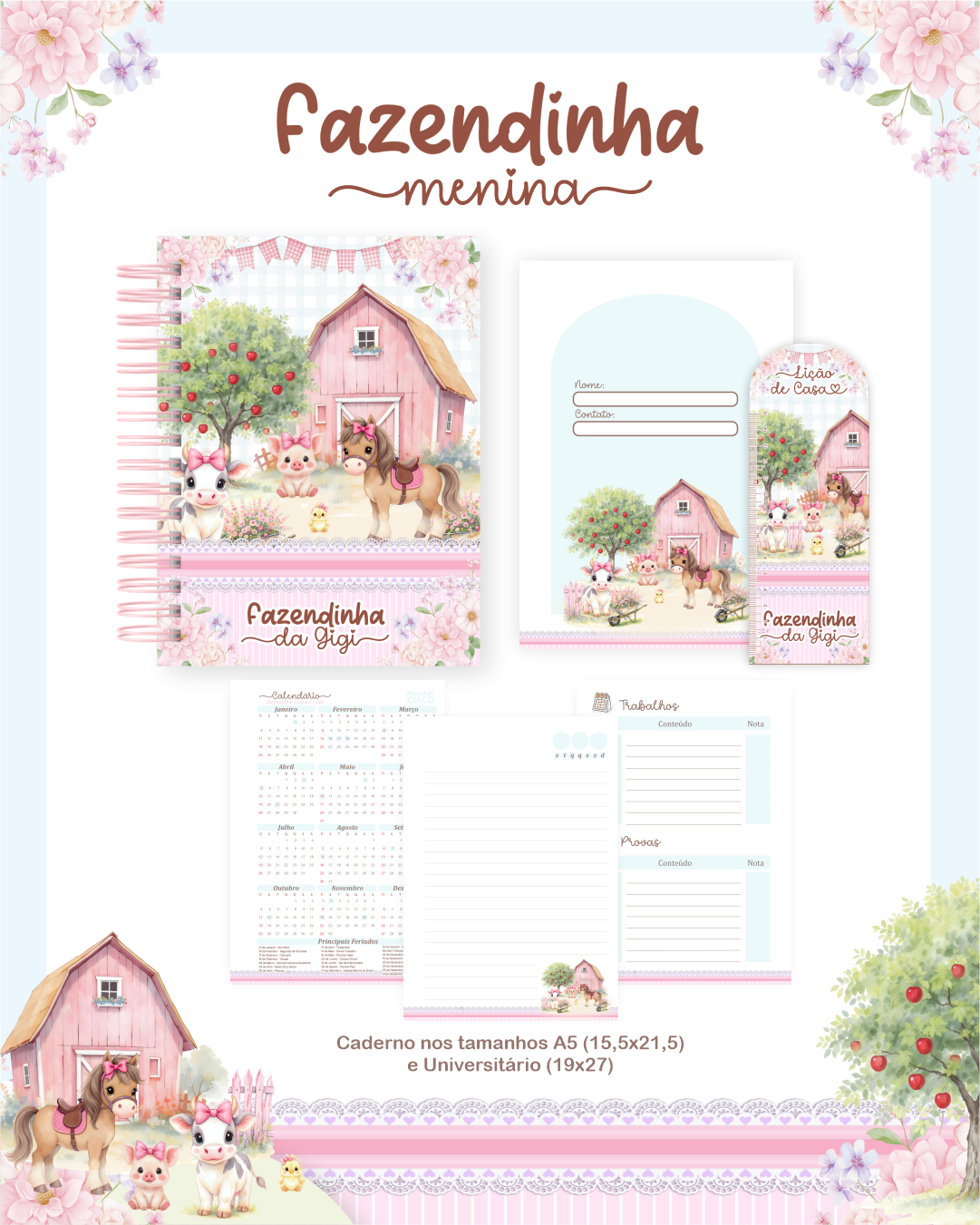 Arquivo Encadernação Escolar 2026 Fazendinha Menina 3