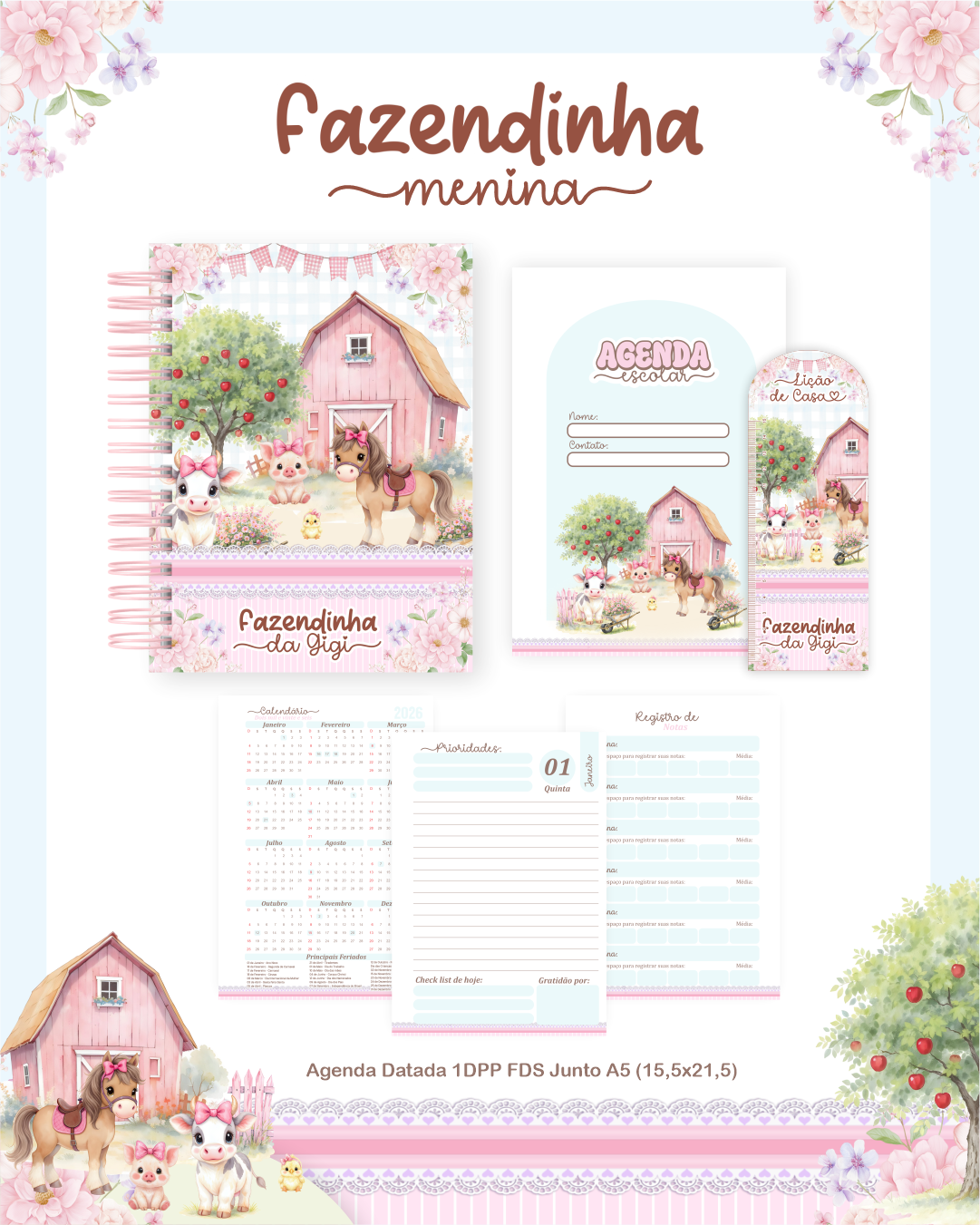 Arquivo Encadernação Escolar 2026 Fazendinha Menina 5