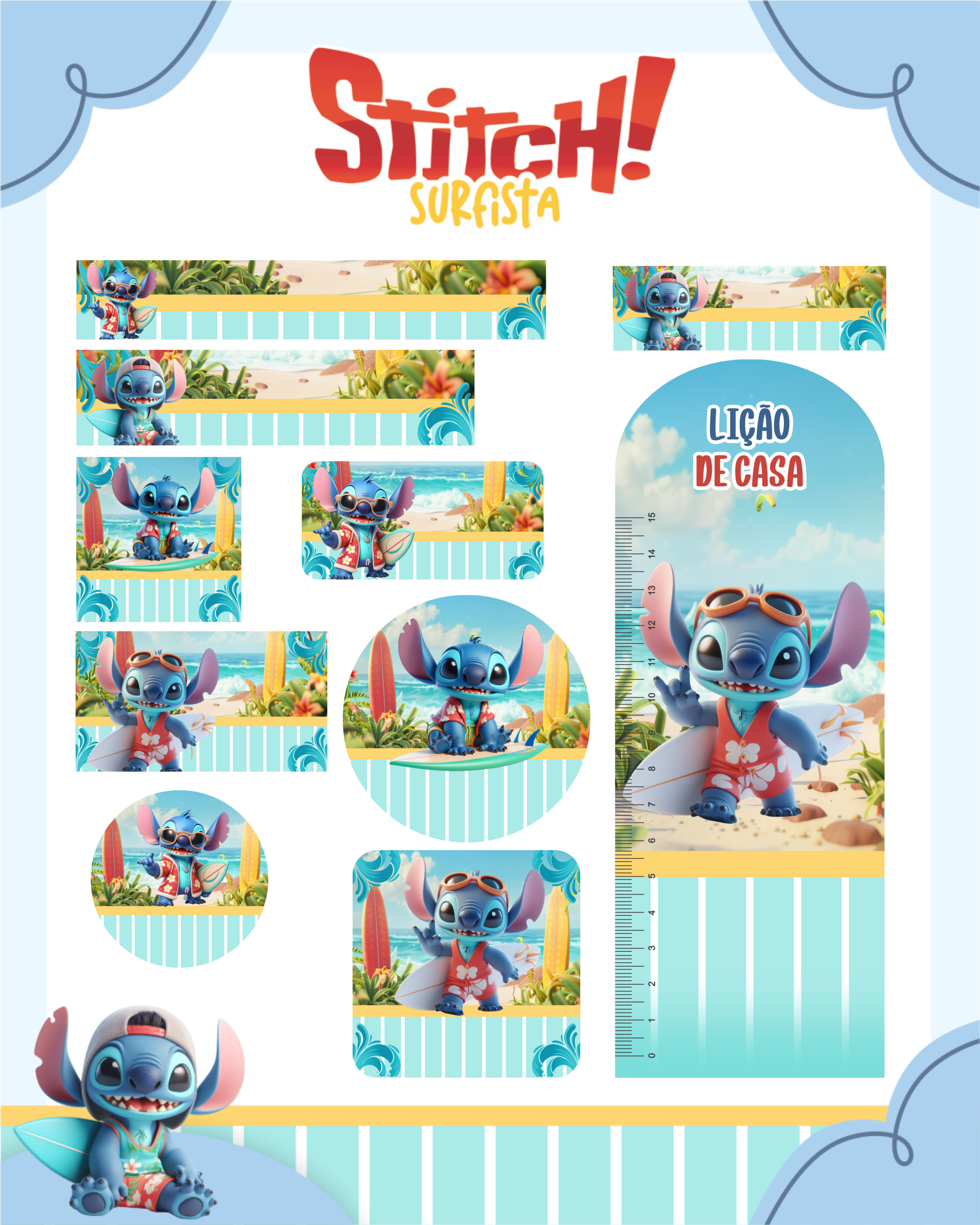 Arquivo Etiqueta Escolar Stitch Surfista 1