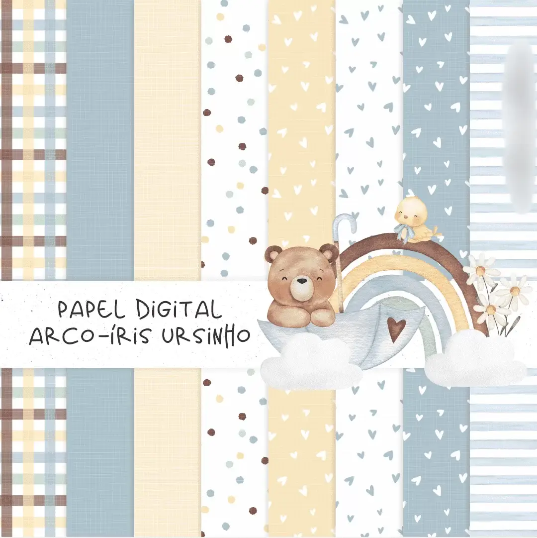 Arquivo Kit Digital Papel Arco Íris Ursinho  1