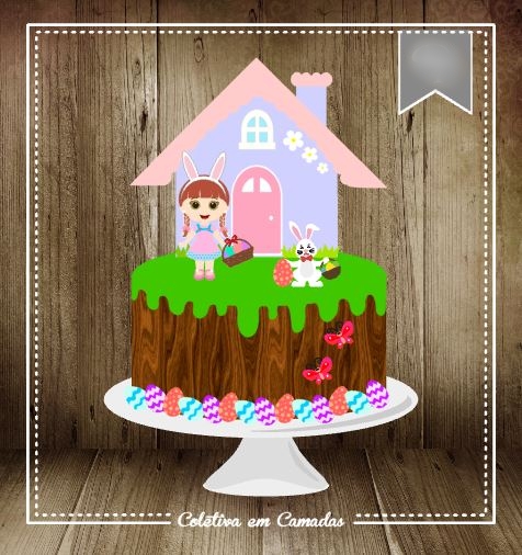 Arquivo Páscoa Topo de Bolo Casinha Menina e Coelho 1