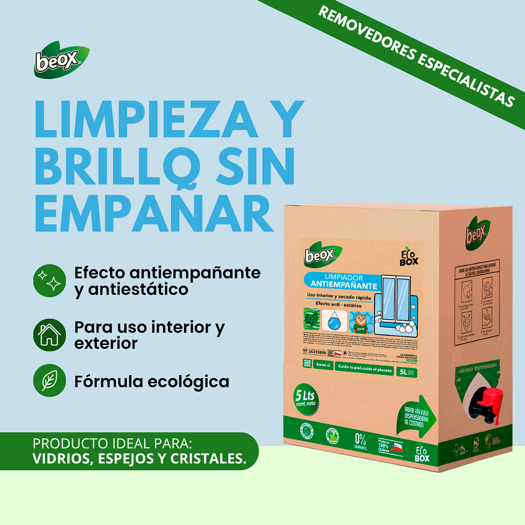 Limpiador Antiempañante Vidrios Beox® Ecobox 5 Lts 3