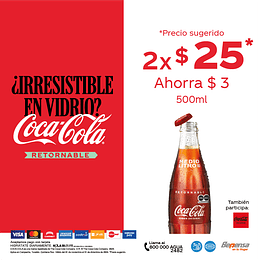 Coca-Cola 500ml VR 2Piezas 2x$25 ahorra $3.00