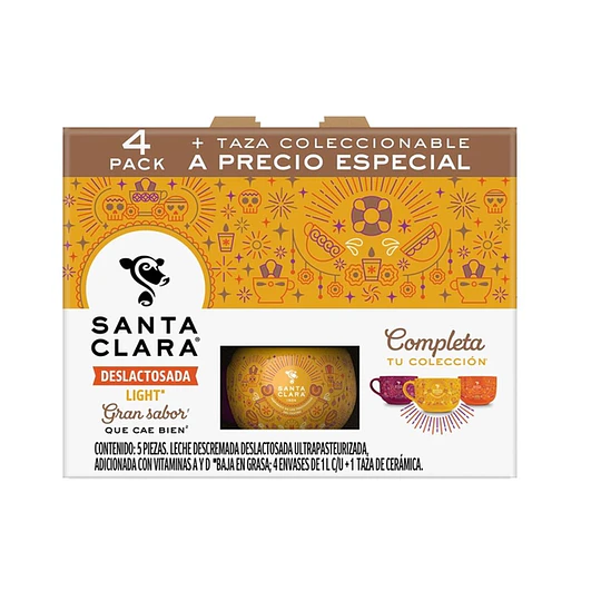 Santa Clara Deslactosada Light 1L 4 Piezas + Taza 