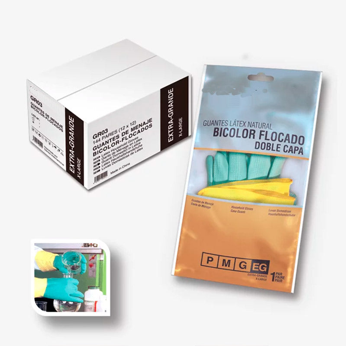 Guantes de Limpieza de Látex Flocados Menage - Verde/Amarillo 2