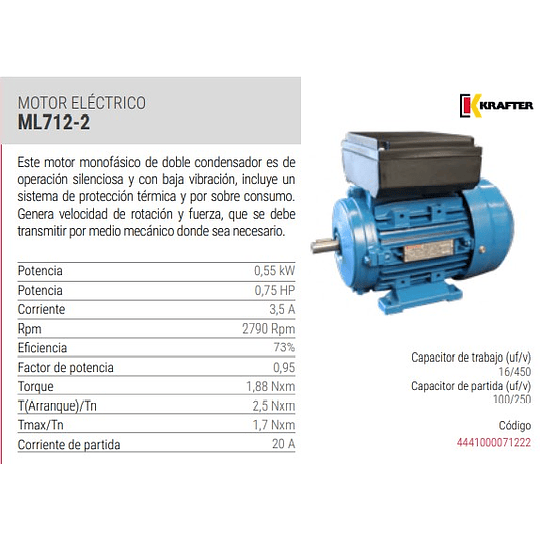 KRAFTER MOTOR ELECTRICO ML712-2 0.75HP 220V 50HZ 2800RPM