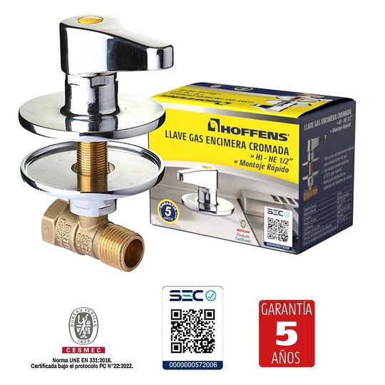 Llave de Gas Encimera Cromada Montaje Rápido