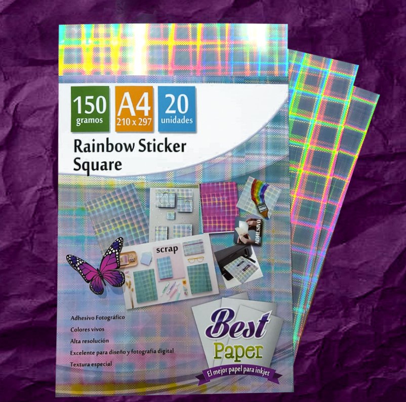 Adhesivo Holográfico A4 Rainbow Square 150g (20 hojas)