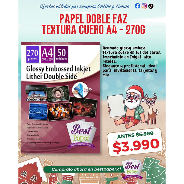 Papel doble faz glossy leather 270 gramos A4 1