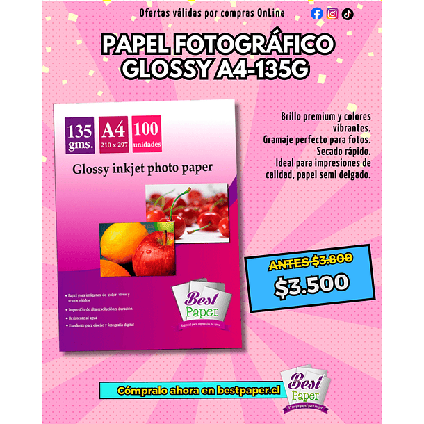 Papel Fotográfico Glossy A4 135g (100 hojas) 1
