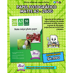 Matte inkjet photo paper 260 gramos A3