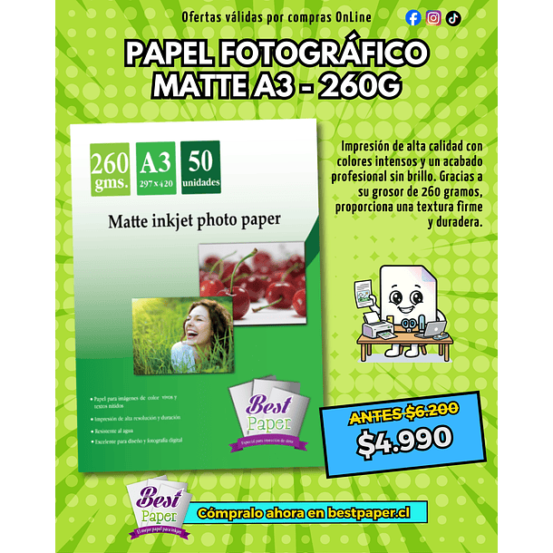 Matte inkjet photo paper 260 gramos A3 1