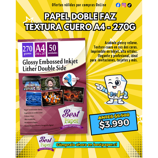 Papel doble faz glossy leather 270 gramos A4 1
