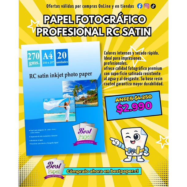 Papel fotográfico RC Satin A4 – 270g (20 hojas) 1