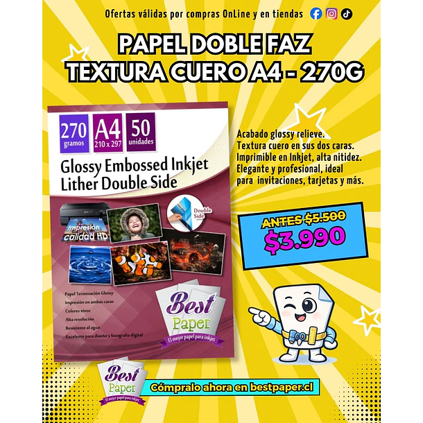 Papel doble faz glossy leather 270 gramos A4 1