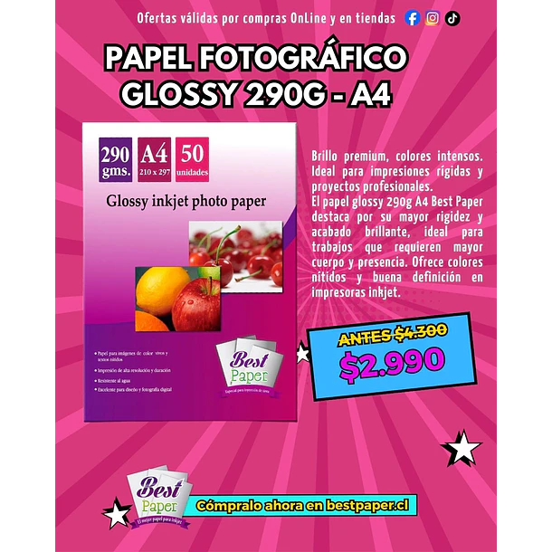 PAPEL GLOSSY 290g A4 (50 hojas) 1