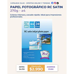 Papel fotográfico RC Satin A4 – 270g (20 hojas)