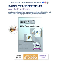 Papel Transfer para Telas Claras A4 | 20 Hojas