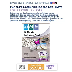 Papel fotográfico doble faz matte con Efecto Perlado – 265g