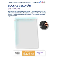 Bolsas Celofán A4 con Cierre Adhesivo Reutilizable - 100 Unidades | Transparentes 