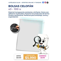 Bolsas Celofán A3 con Cierre Adhesivo Reutilizable / 100 Unidades / Transparentes 