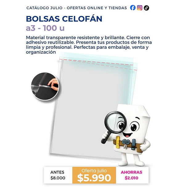 Bolsas Celofán A3 con Cierre Adhesivo Reutilizable / 100 Unidades / Transparentes  