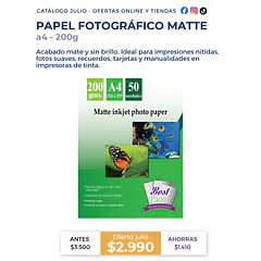 Papel fotográfico doble Faz Mate A4 – 200g (50 hojas)