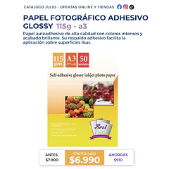 Papel Fotográfico Adhesivo Glossy A3 115 g | 50 Hojas | Para Impresoras Inkjet