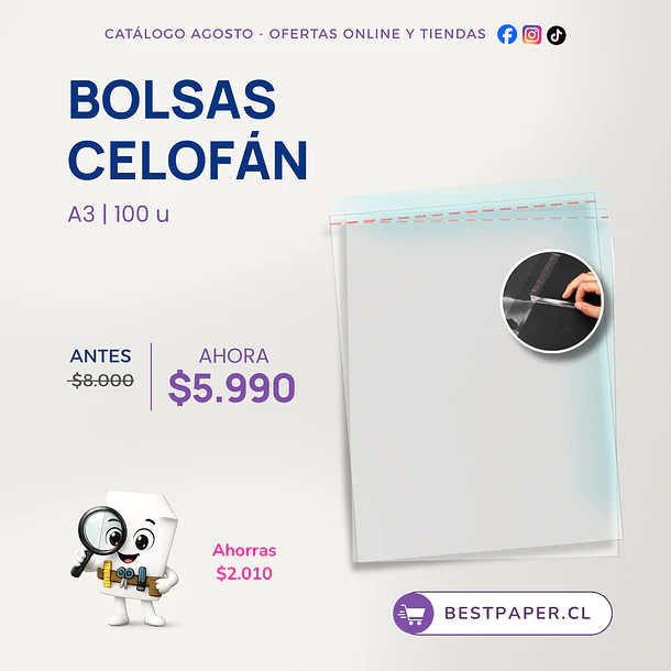Bolsas Celofán A3 con Cierre Adhesivo Reutilizable / 100 Unidades / Transparentes  