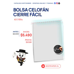 Bolsas Celofán A3 con Cierre Adhesivo Reutilizable / 100 Unidades / Transparentes 
