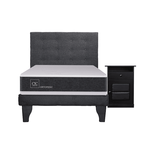 Cama CIC Ortopedic 1.5 plazas + Base + Respaldo Polonia Grafito + Velador Lorraine Black