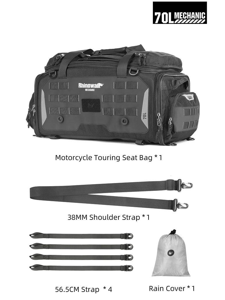 Bolso para moto Rhinowalk expandible de 50 a 70 lt - Impermeable y resistente  2