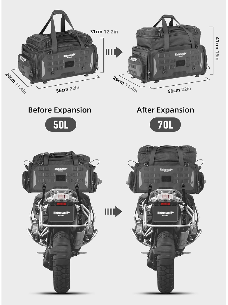 Bolso para moto Rhinowalk expandible de 50 a 70 lt - Impermeable y resistente  5