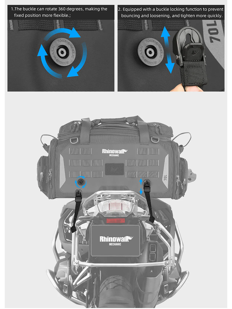 Bolso para moto Rhinowalk expandible de 50 a 70 lt - Impermeable y resistente  6
