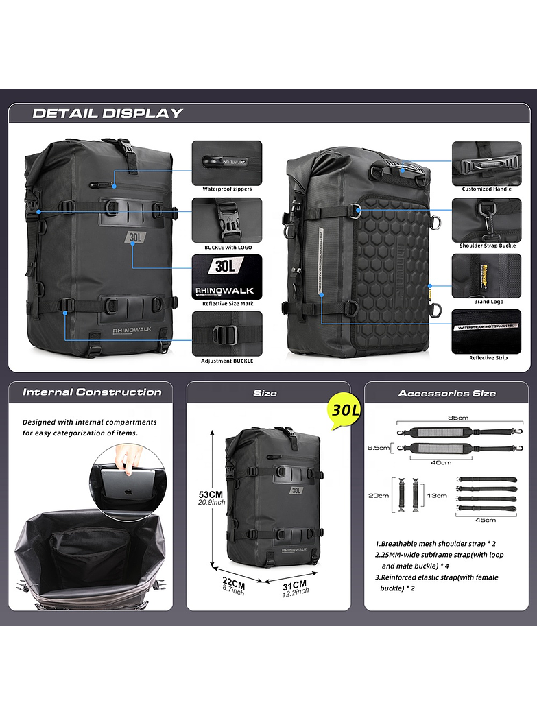 Bolso Impermeable Rhinowalk 30  litros (DESCUENTO PREVENTA 10% - ENTREGAS MEDIADOS NOVIEMBRE) 5