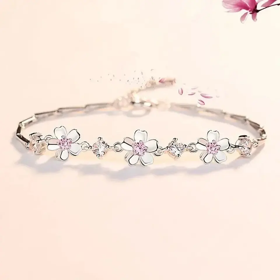 Pulsera De Plata 925 Flor De Cerezo Rosa Rosada Color Plateado Diámetro 17 cm Largo 15 cm 1