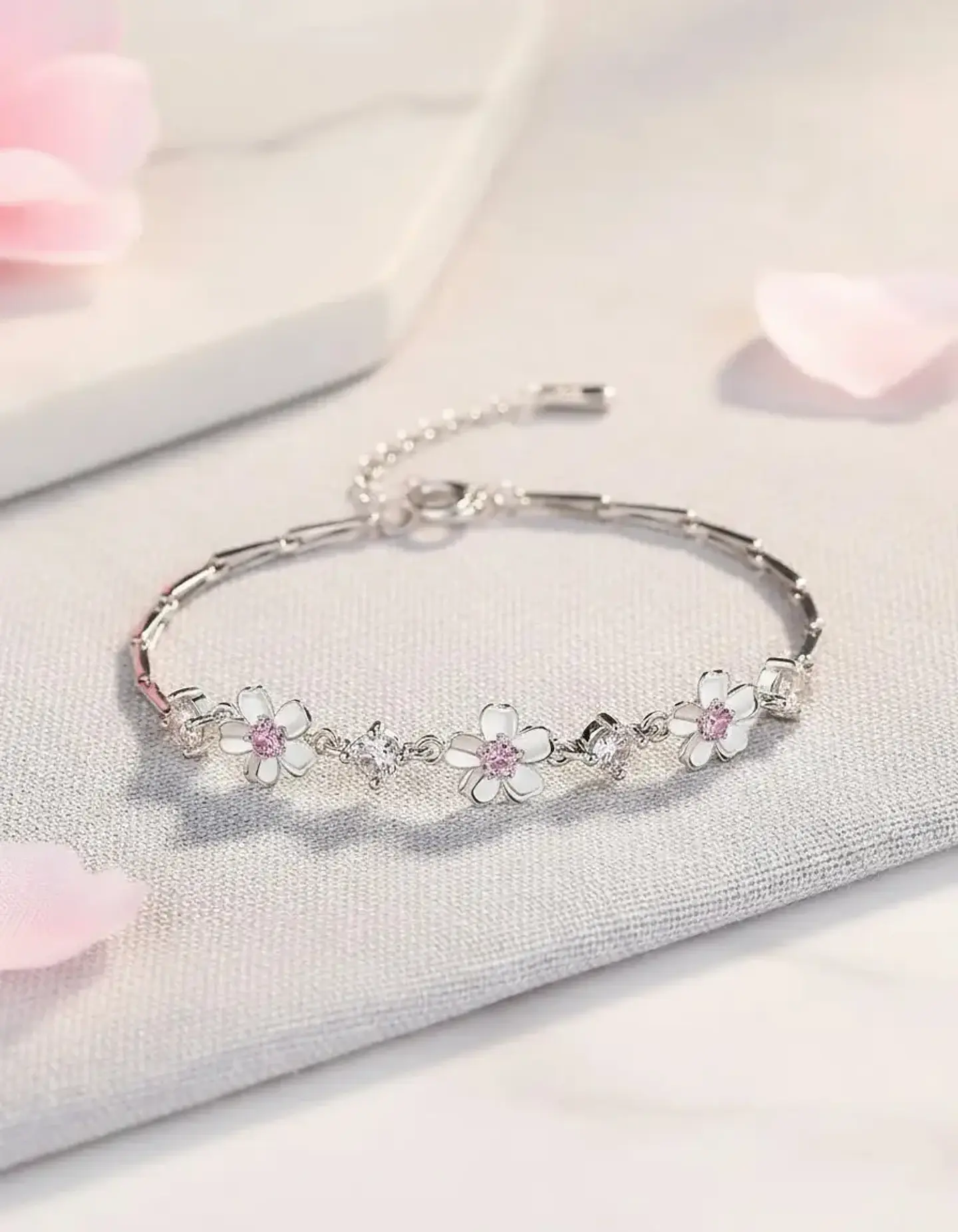 Pulsera De Plata 925 Flor De Cerezo Rosa Rosada Color Plateado Diámetro 17 cm Largo 15 cm 2
