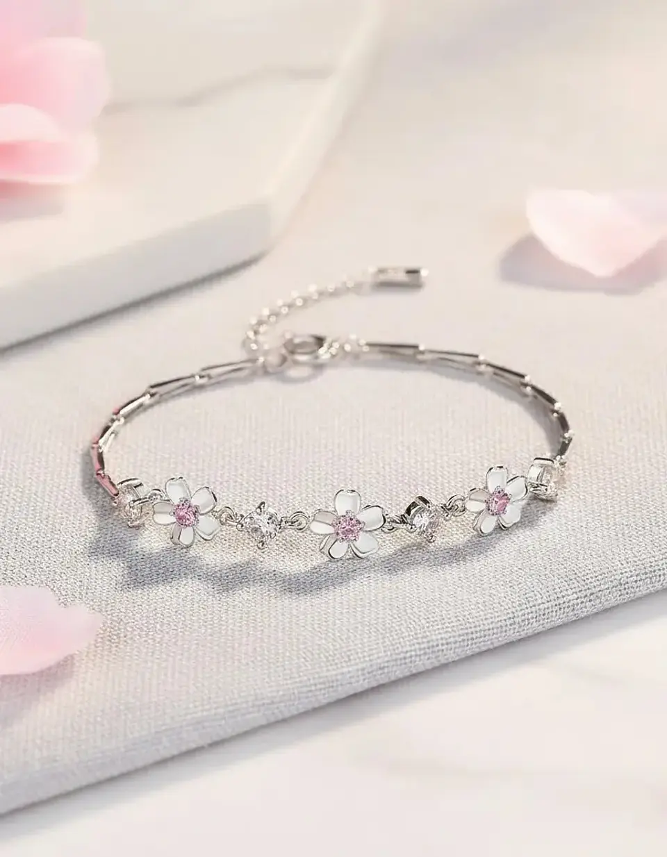 Pulsera De Plata 925 Flor De Cerezo Rosa Rosada Color Plateado Diámetro 17 cm Largo 15 cm 2