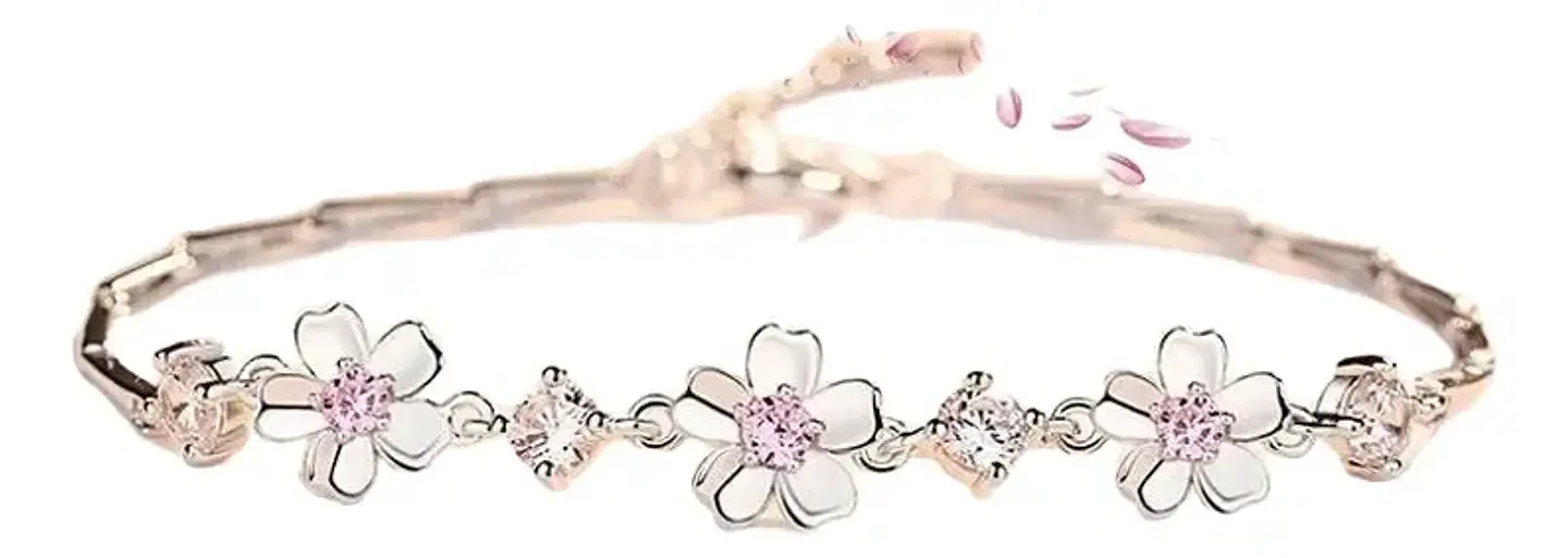 Pulsera De Plata 925 Flor De Cerezo Rosa Rosada Color Plateado Diámetro 17 cm Largo 15 cm 3
