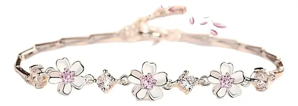 Pulsera De Plata 925 Flor De Cerezo Rosa Rosada Color Plateado Diámetro 17 cm Largo 15 cm 3