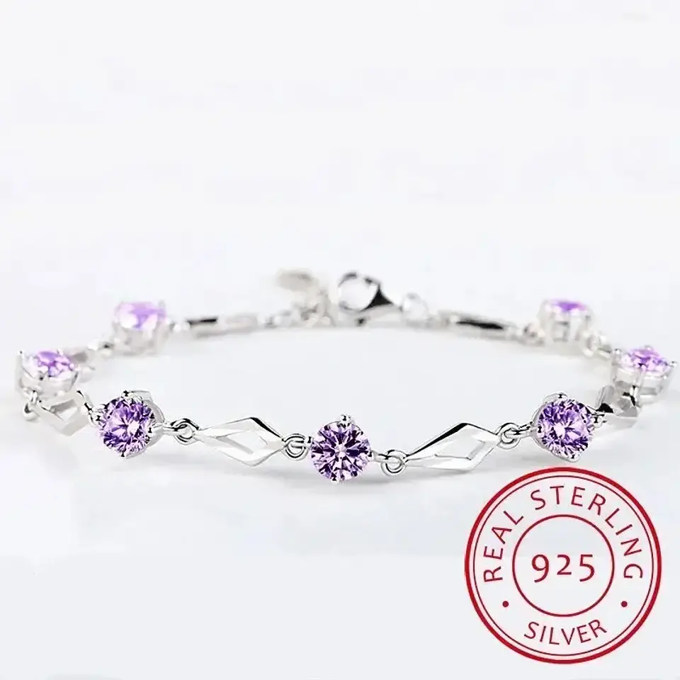 Pulsera De Plata Fina 925 Amatista Lila Púrpura Diámetro 17 cm 1