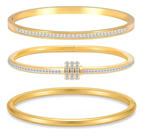 Set De 3 Pulseras Dorado Chapadas En Oro 18k Cristales Mujer