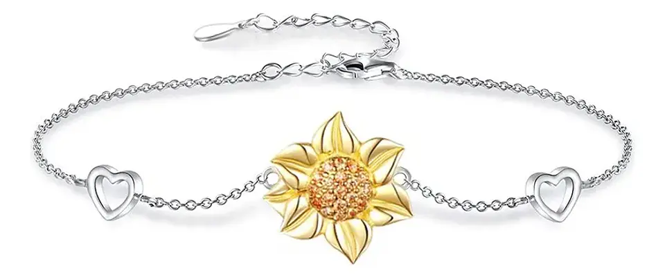Pulsera Plata Esterlina 925 Flor Girasol Corazón Brazalete Color Plateado Diámetro 6 Cm Largo 19 1
