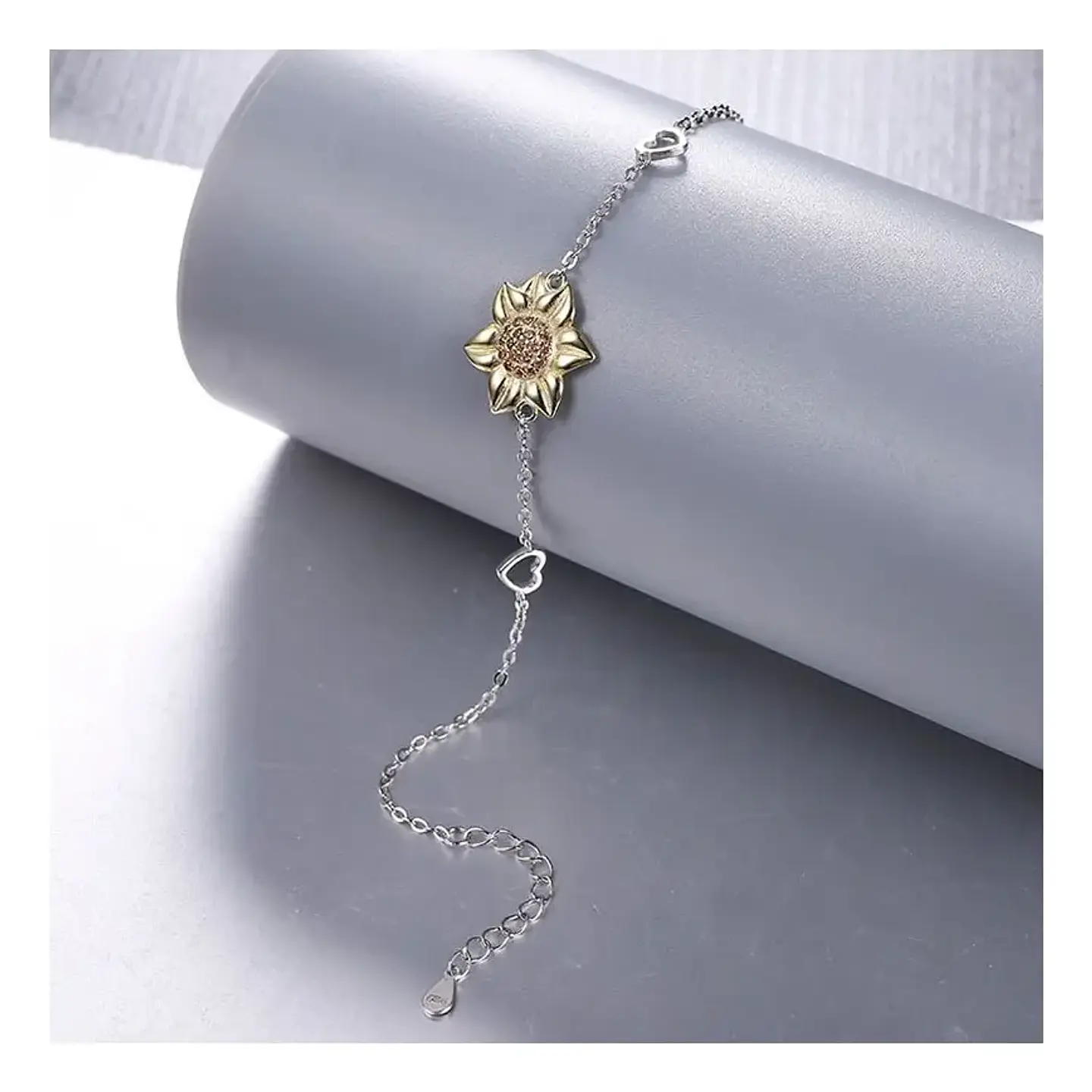 Pulsera Plata Esterlina 925 Flor Girasol Corazón Brazalete Color Plateado Diámetro 6 Cm Largo 19 2