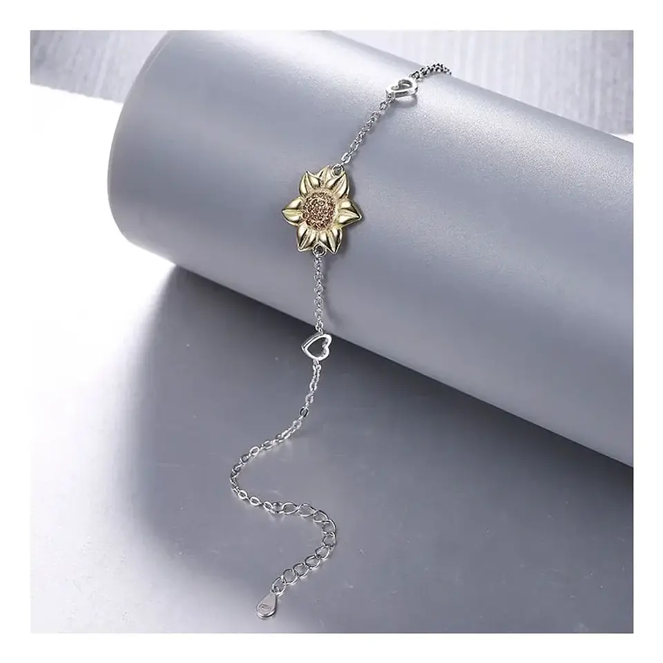 Pulsera Plata Esterlina 925 Flor Girasol Corazón Brazalete Color Plateado Diámetro 6 Cm Largo 19 2