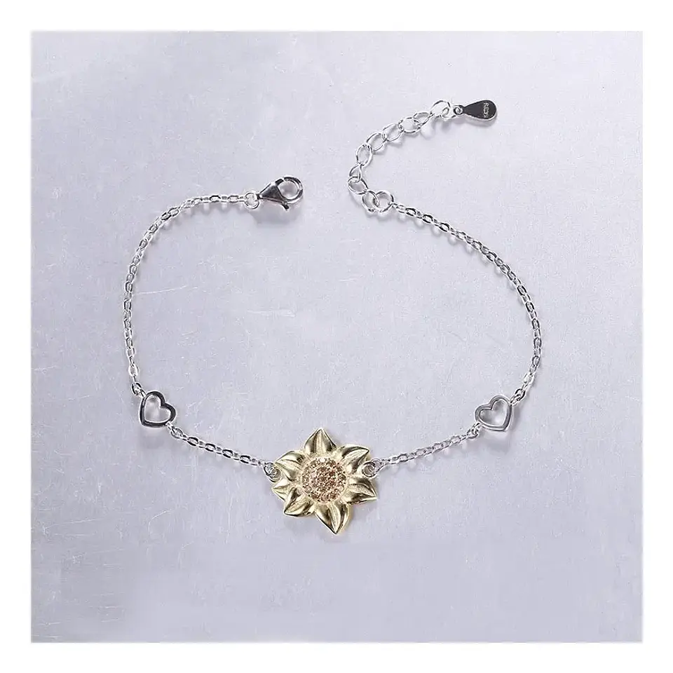 Pulsera Plata Esterlina 925 Flor Girasol Corazón Brazalete Color Plateado Diámetro 6 Cm Largo 19 3