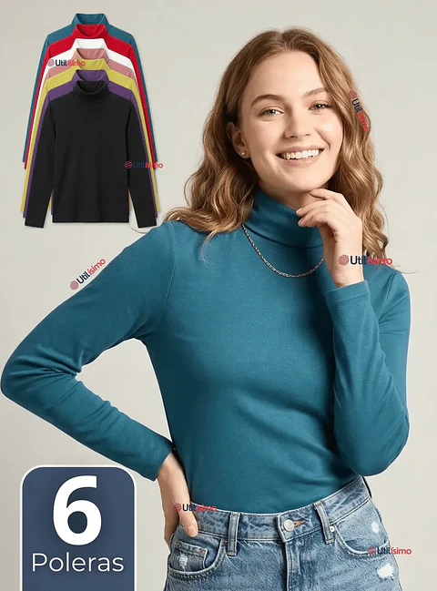 Pack 6 Poleras Polar Cuello Beatle Manga Larga Surtido Mujer