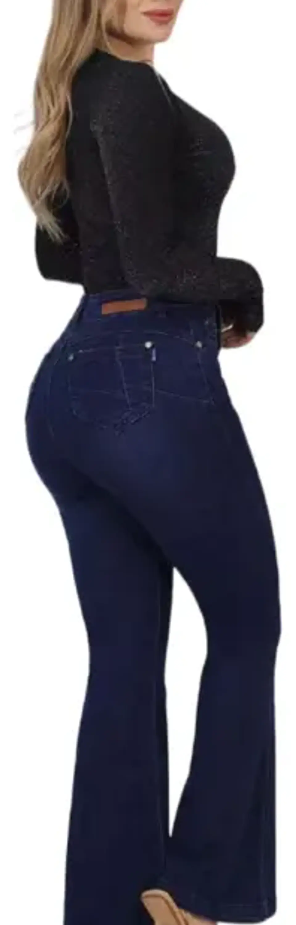 Jeans Flare Mujer Elasticado Tiro Alto Push Up Azul Marino 2
