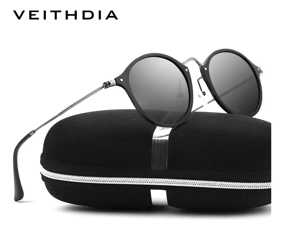 Lentes De Sol Polarizados Veithdia UV400 Negro Redondos Metal Modelo 6358 2