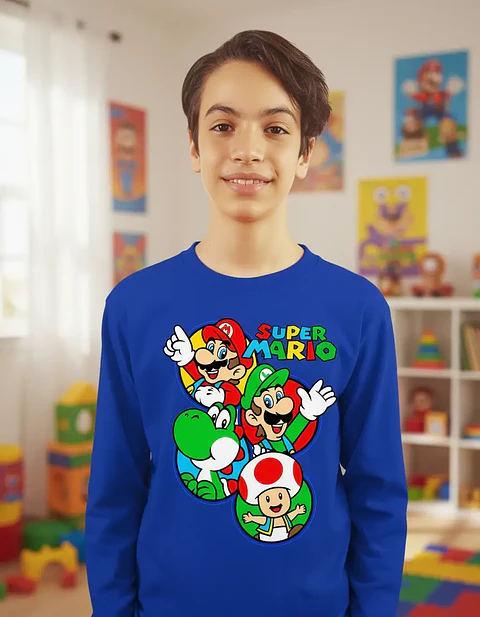 Polera Para Niños Mario Bros Manga Larga Cod 0007